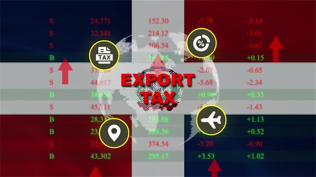Export Tax and Global Trade Implications: A dynamic graphic illustrating the concept of export tax, featuring financial data, global map, and icons representing international trade.