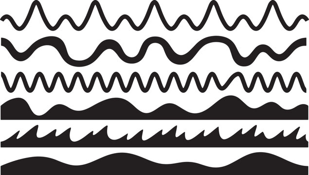 Collection of six distinct black wavy lines and shapes on a white background, representing various forms of curves and undulations