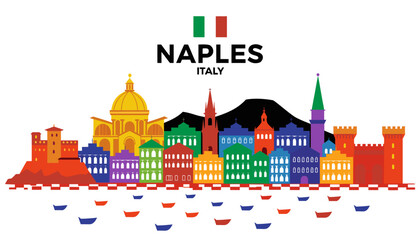 Fototapeta premium Vector illustration of Naples skyline in skyline silhouette, with “NAPLES” text, on white background, modern city identity and tourism design