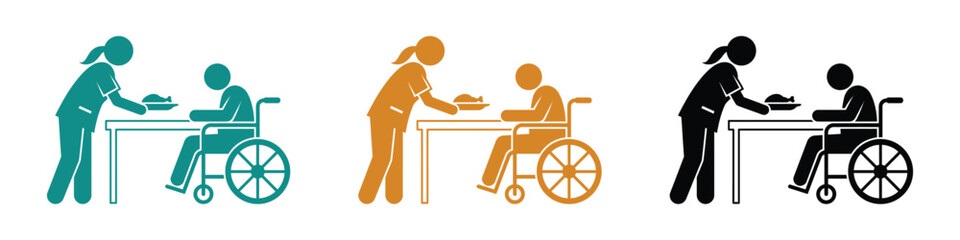 Fototapeta premium Caregiver assisting elderly person in wheelchair at table during mealtime vector silhouette isolated on white background