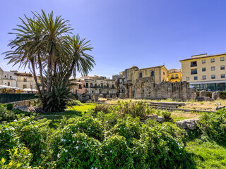 Naklejka premium The historic Greek Temple of Apollo surrounded by green gardens and palms in Pancali Square, Ortigia. Travel photography of famous ancient monument ruins in Syracuse, Sicily.