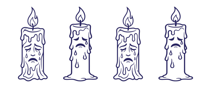 Sad crying candle character with melting wax drips and flame illustration set of four emotive candle figures with unhappy faces for moody atmospheres.