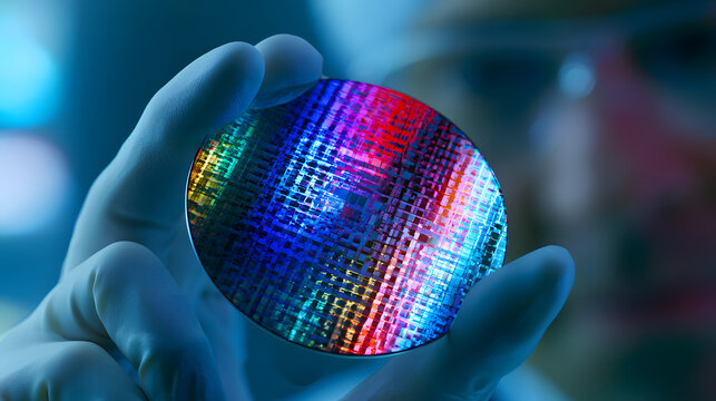 Silicon wafers, held by a gloved hand, reflect colorful diffraction patterns in a cleanroom with soft lighting