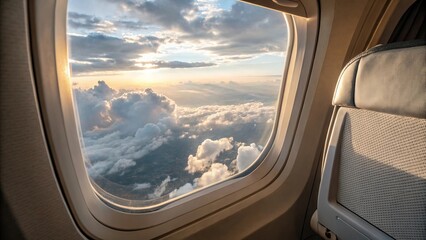 Fototapeta premium Airplane window view with clouds and soft sunlight - 1