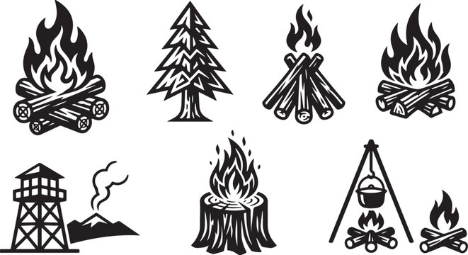 Collection of stylized black and white depicting campfires, a pine tree, a watchtower, and a volcano