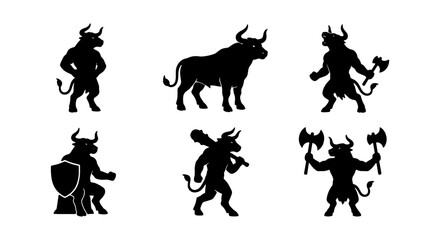 Naklejka premium Mythical Minotaur Icons, Powerful Bull Warrior Silhouettes, Ancient Greek Monster Vector Set