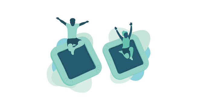 Two trampoline athletes, male and female, jumping in the air on individual square trampolines. Minimalist vector illustration with teal and blue color palette on a white background.