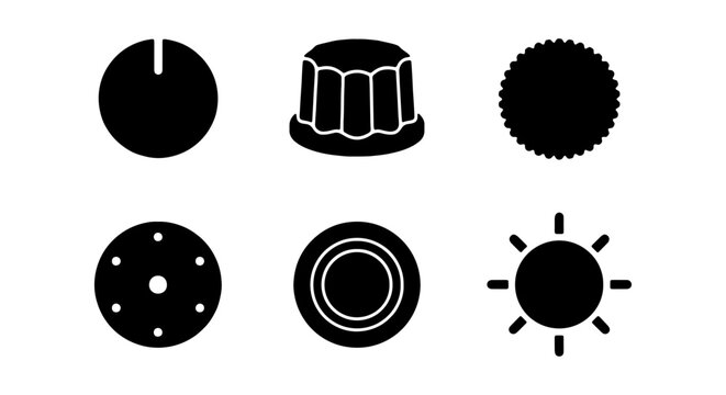 Vector Control Knobs and Dials Set, Round Buttons and Sun Icon, Graphic Elements