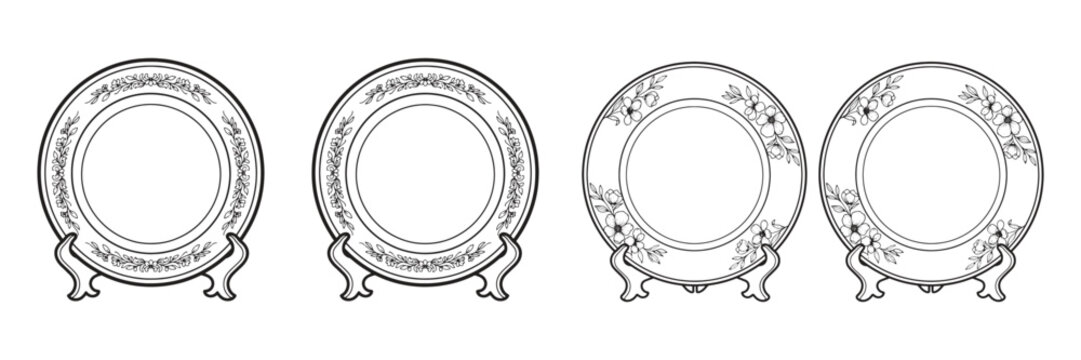 Set of decorative porcelain plates with floral patterns on stands collection of elegant ceramic dishware illustrations for home decor and dining room.