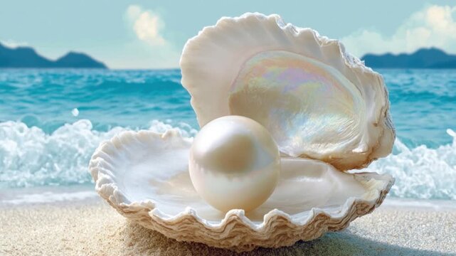 Close-up of a shiny white pearl inside an open large seashell lying on sandy beach with ocean waves and blue sky in background during daylight