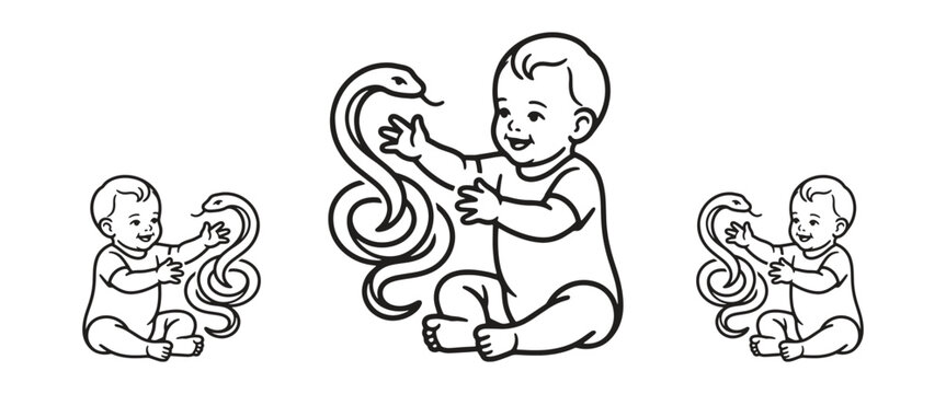Cute baby playing with a friendly snake line art illustration curious infant reaching for a coiled serpent in a charming black and white nursery style.