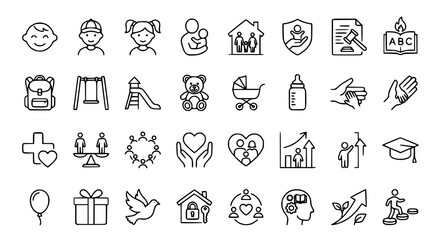 Fototapeta premium Child Rights and Parenthood Line Icons Pack Featuring Child Care Family Support and International Children Day Elements