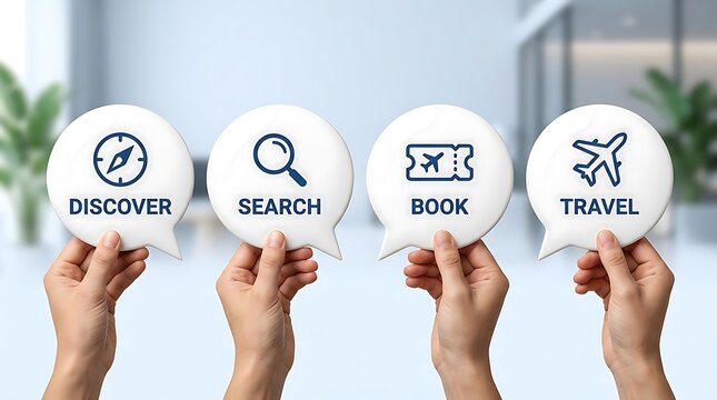 Hands holding speech bubbles with icons and text representing the travel booking process: Discover, Search, Book, Travel.