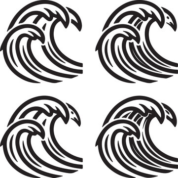 Four stylized black and white tribal wave two with bird-like heads, on a white background, water ocean