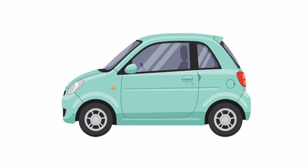 Obraz premium Mint green compact car vector illustration in side view profile. Small two-door hatchback isolated on white background. Minimalist flat design for modern automotive graphics.