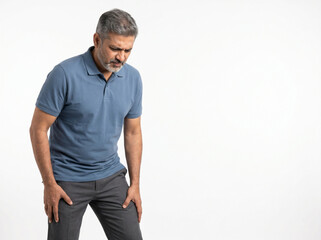 Fototapeta premium Middle aged Indian man showing joint pain and mobility discomfort on white background for orthopedic healthcare advertising