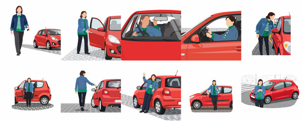 Naklejka premium Flat vector illustration set of a young woman's daily routine with her red car, showing driving, parking, and commuting