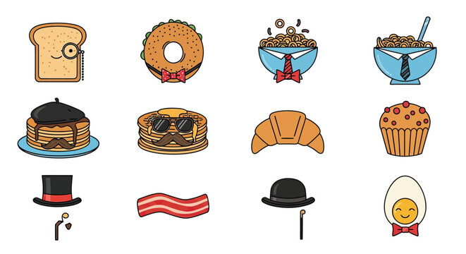 Dapper food characters wearing hats and monocles icons.