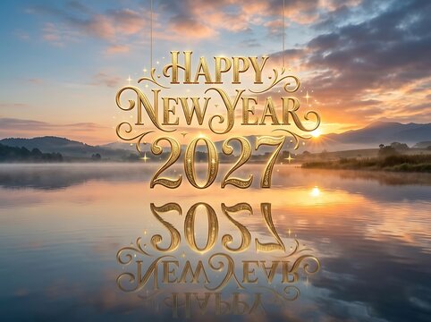 Happy new year 2027 ornate gold numbers over lake at sunrise with reflection.