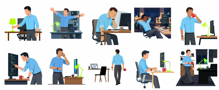 Vector illustration set of a male programmer working in an office, coding, feeling tired, stretching, and drinking coffee during day and night shifts.