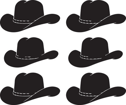 Six black cowboy hats with white band details arranged in two columns of three, isolated on a white background
