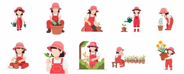 Fototapeta premium Set of flat vector illustrations of a little girl gardening, planting flowers, watering plants, and exploring nature, perfect for educational and environmental themes.