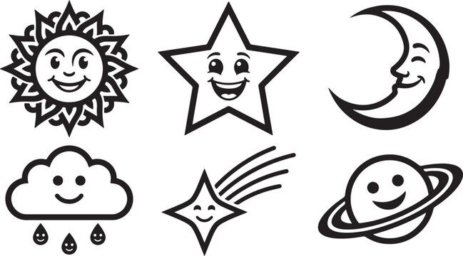 Six cartoon celestial bodies and weather with smiling faces, black and white line star moon cloud