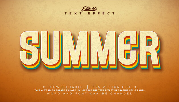 Retro Summer Editable Text Effect Design Vector Graphic Style with Vintage 3d Colorful Typography Lettering on Grunge Sandy Beach Background. Premium Vacation Holiday Illustration Template for Banner