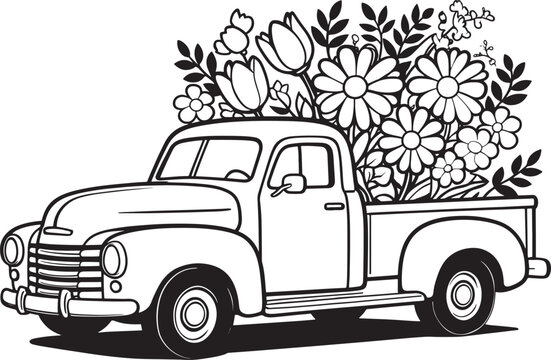 Black and white line of a vintage pickup truck overflowing with flowers and leaves