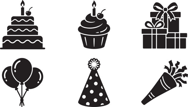 Black silhouette of birthday cake, cupcake, gifts, balloons, party hat, and confetti popper on white background