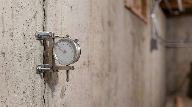 structural foundation crack monitoring gauge installed on concrete wall for engineering assessment and building safety evaluation