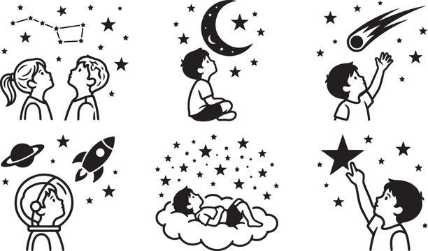 Children and astronaut observing stars, moon, comet, rocket, and planet in a stylized night sky girl