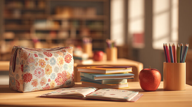 Student Backpack and School Supplies on Wooden Desk in Warm Classroom