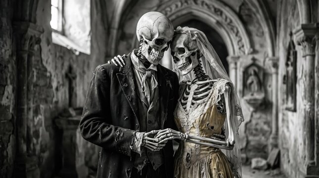 Skeleton bride and groom standing in an abandoned church. Gothic wedding of dead couple in tattered clothes. Romantic mystery, death, horror or Halloween concept for dark fantasy art.