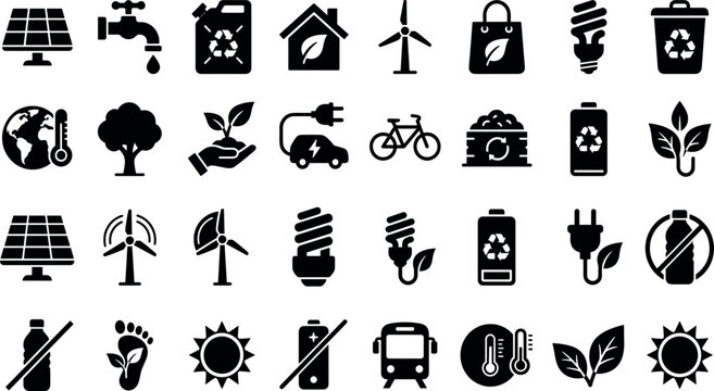 Environmental conservation and green technology icon set featuring solar panels wind turbines electric vehicle climate change global warming and recycling silhouette vectors