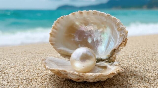 Close-up of natural open seashell with shiny pearl inside resting on sandy beach with ocean waves and blurred distant shoreline under soft cloudy sky