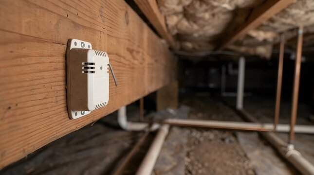 wireless crawlspace humidity monitoring sensor mounted beneath residential floor joists for moisture detection and home protection