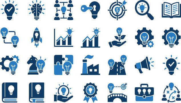 Innovation and creative business idea icon set featuring lightbulbs brain brainstorming rocket growth charts gears target puzzle piece strategy and planning silhouette vectors