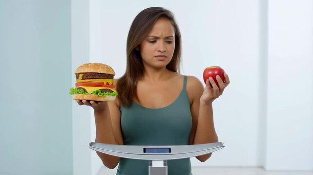 Woman weighing food choices between a burger and an apple. Struggling with healthy eating decisions and lifestyle balance
