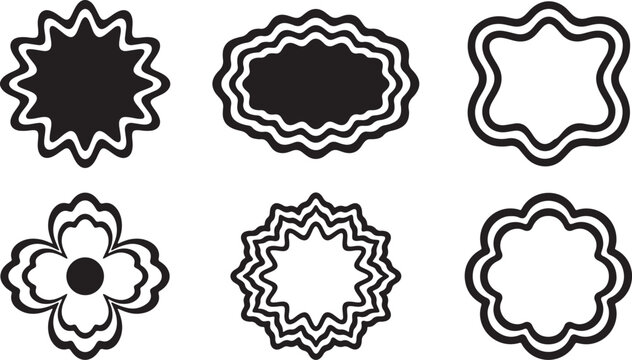Collection of six black and white abstract decorative frames with wavy, scalloped, and starburst edges