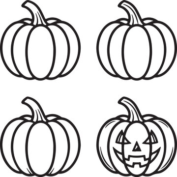 Four black and white line pumpkins, three whole and one carved jack-o'-lantern, arranged in a 2x2 grid on a white background