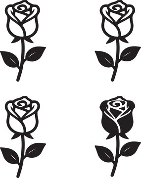 Four black and white stylized rose with leaves on a white background, flower symbol