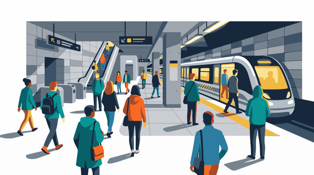 Commuters wait for train on platform in modern subway station