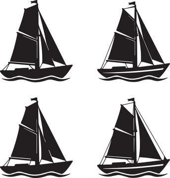 Four black silhouette sailboats with flags on wavy water against white background, wave