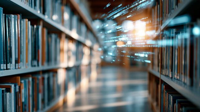 Glowing holographic data display floating in a sunlit vintage library aisle, education technology and digital transformation branding concept, defocused, with copy space