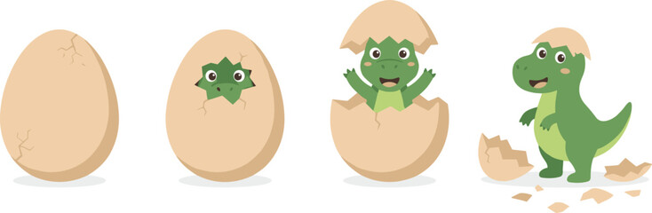 Cute baby dinosaur hatching from egg lifecycle vector collection set with funny cartoon green t-rex mascot newborn stages isolated on white background © Jasmin