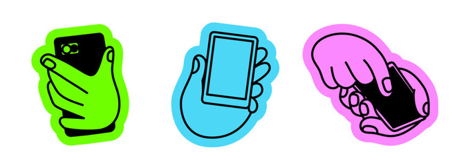 Vector illustration in hand drawn doodle style, mascot and character hands and gestures, hands holding mobile phones, social media apps