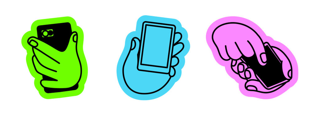 Vector illustration in hand drawn doodle style, mascot and character hands and gestures, hands holding mobile phones, social media apps
