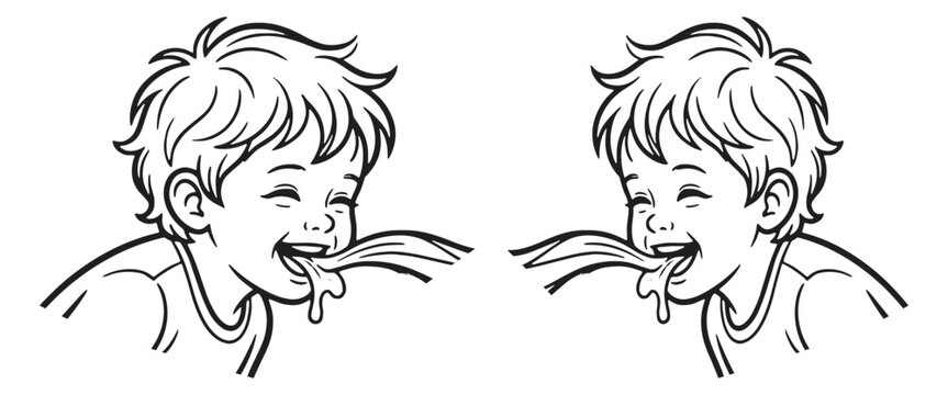 Cute cartoon character boy laughing and drooling while spitting saliva out of mouth during funny playful moment depicted in simple line art style.