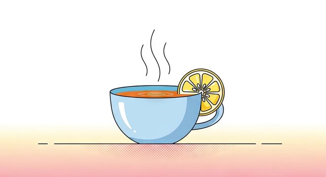 Steaming beverage served in a light blue cup garnished with a slice of citrus fruit